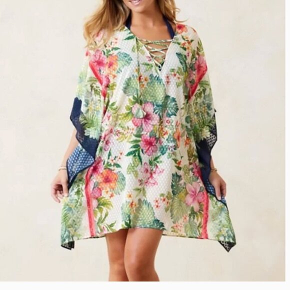 NWT  $138 TOMMY BAHAMA Jacquard Floral Short Beach Tunic Cover-up Size S/M - Picture 2 of 9